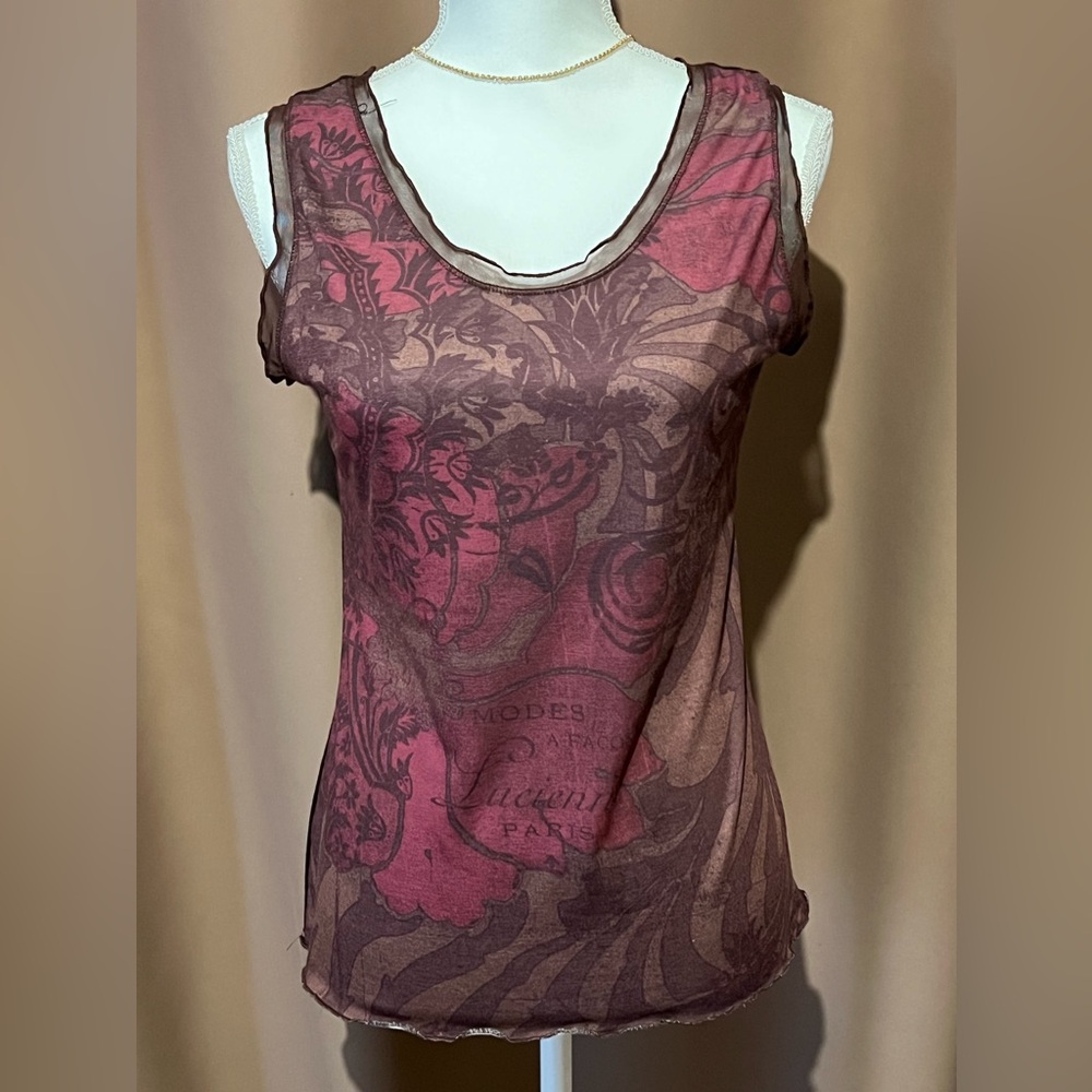 Vine Street Sleeveless Printed Sheer Tank Top - Burgundy